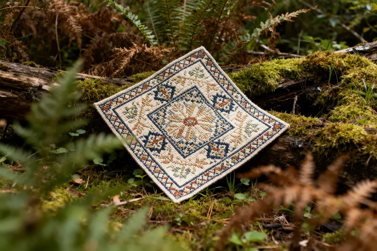 Carré jacquard complexe posé sur un tronc recouvert de mousse en forêt luxuriante
