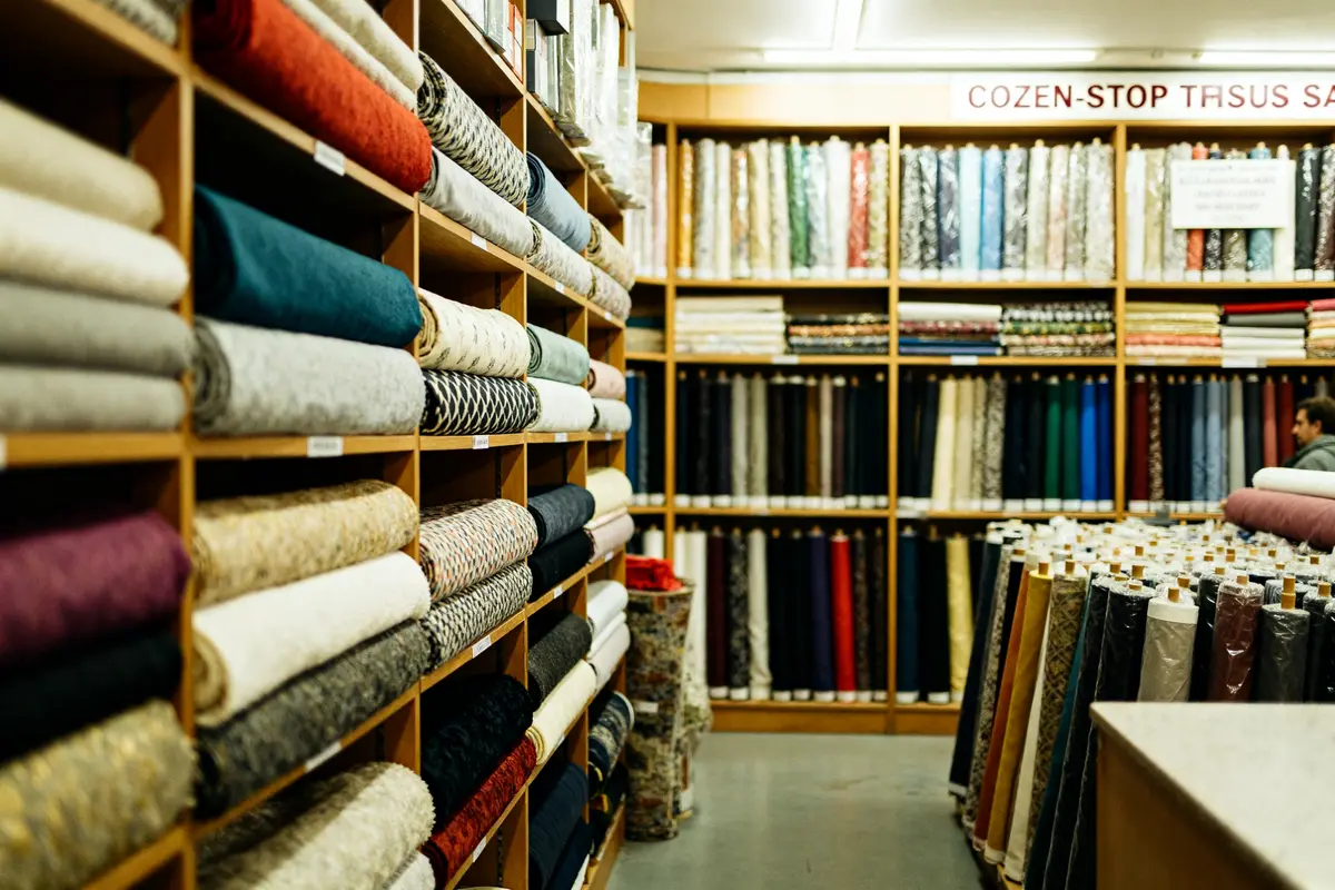 Étagères de tissus variés chez Cozen-Stop Tissus SARL, boutique de textiles spécialisée