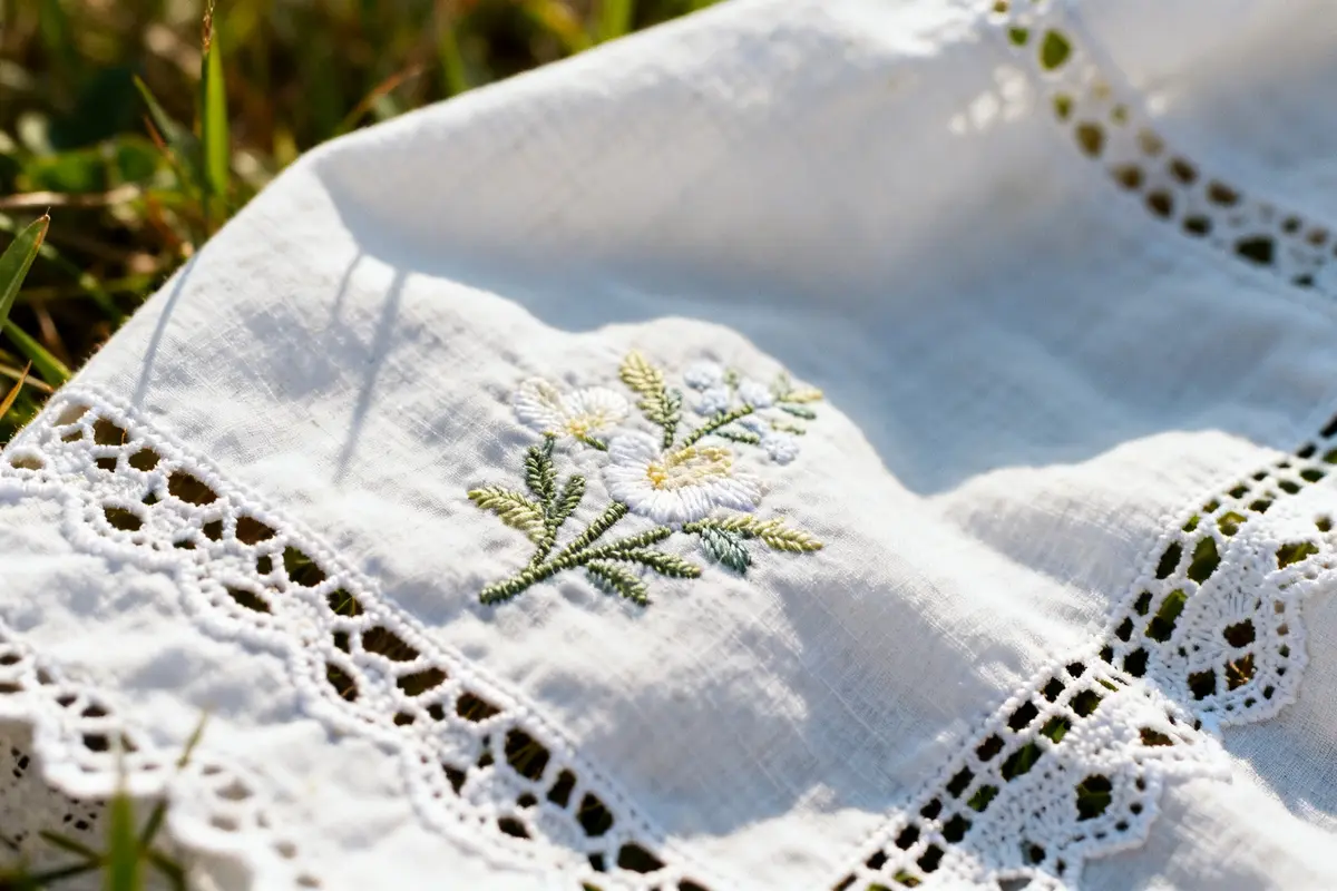 Tissu blanc avec broderie anglaise florale sur herbe verte au soleil.