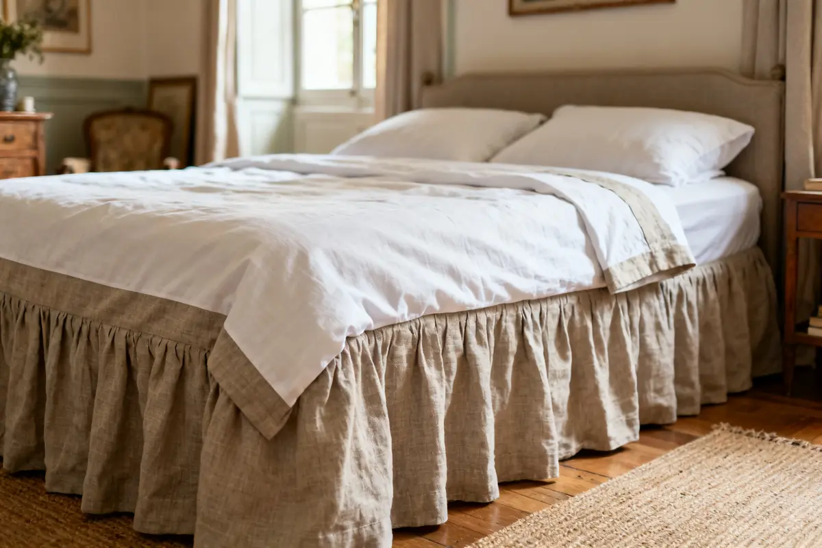 Lit élégant avec draps 160x200 en lin beige dans une chambre lumineuse