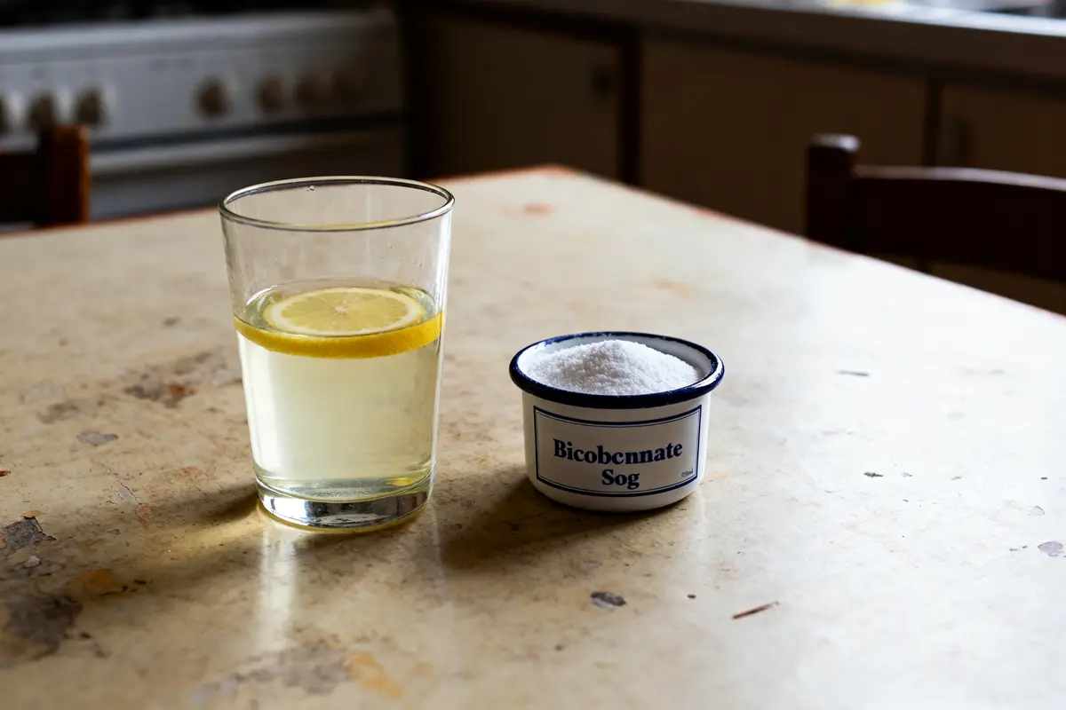 Verre de citronnade et bicarbonate pour remède naturel contre goût amer en bouche