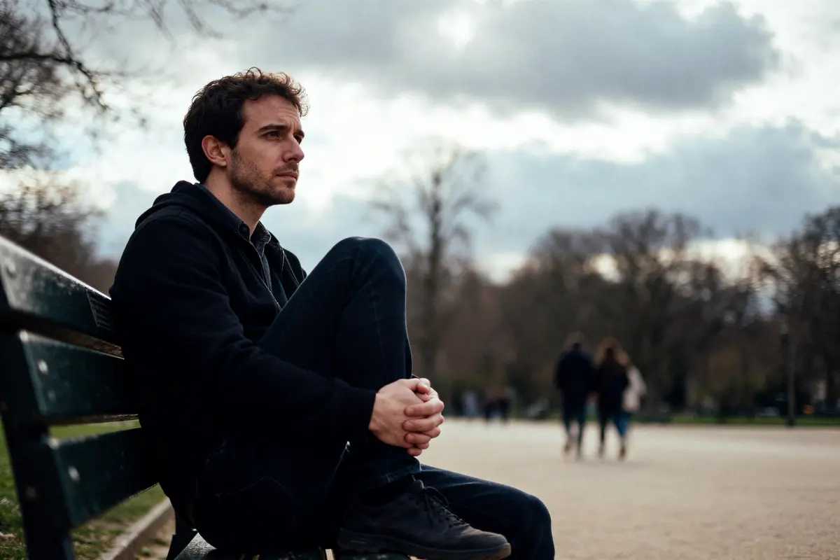 Homme pensif assis sur un banc, se demandant quel effet cela a sur les hommes