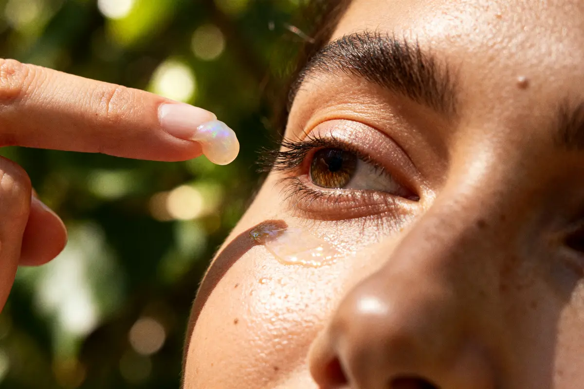 Application de gel pour les yeux avec avis sur RoveaSkin visible en arrière-plan lumineux