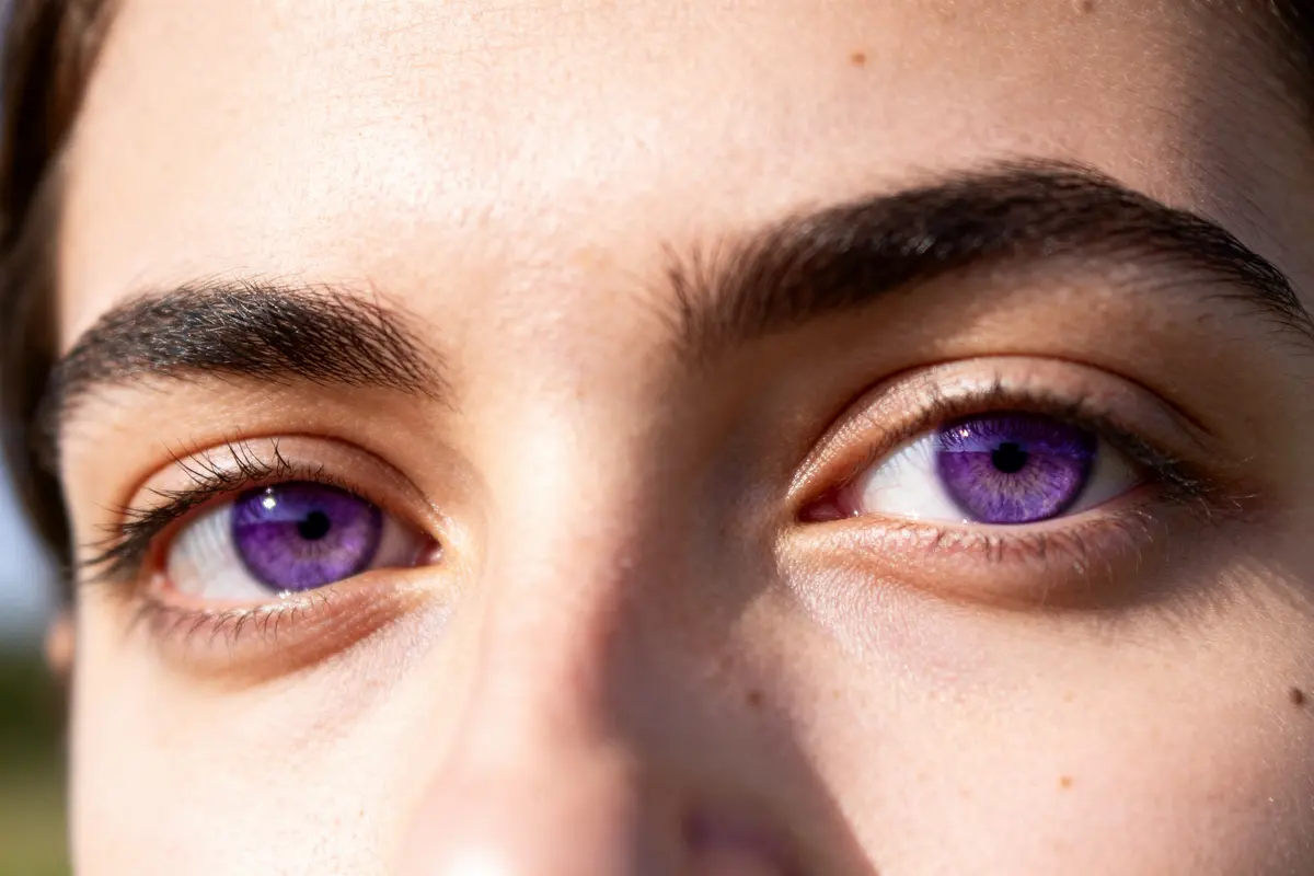 Gros plan sur des yeux violets captivants sous la lumière naturelle du jour